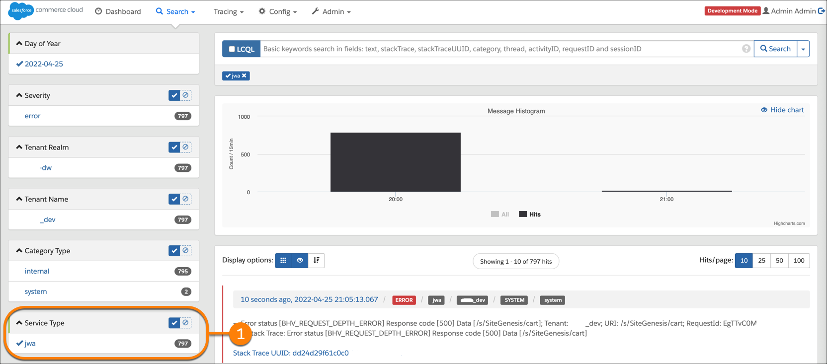 Log Center filter settings with Source Type set to jwa