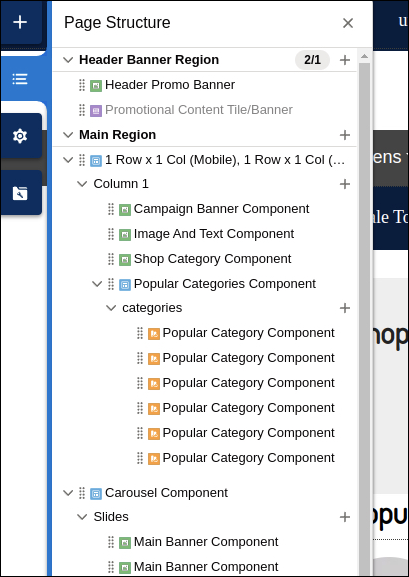 Page Designer page structure in the canvas