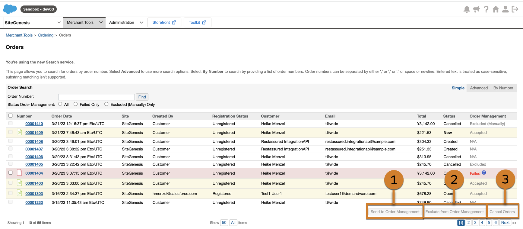 Exclud from Order Management, Cancle, and Send to Order Management options in the Business Manager Order Page