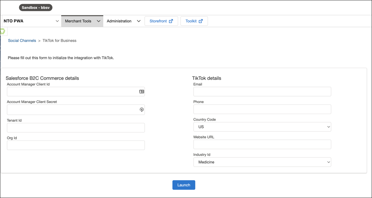 TikTok for Business details form.