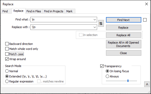 Notepad++ replace window.